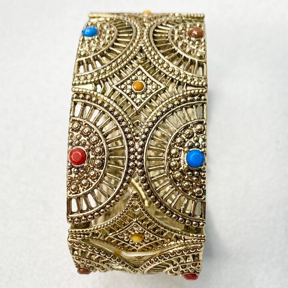 Rangoli Inspired Stretch Bracelet Gold Tone Open Work Central Tiny Beads - Picture 4 of 7